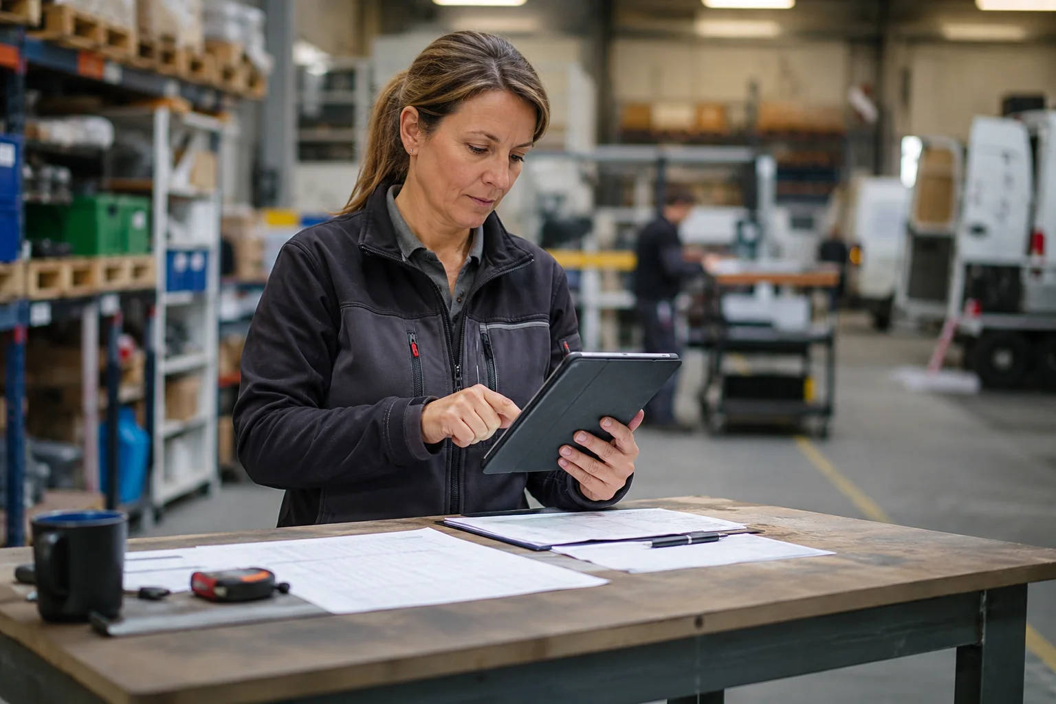 Betriebsleiterin erfasst Aufträge am Tablet in der Werkhalle