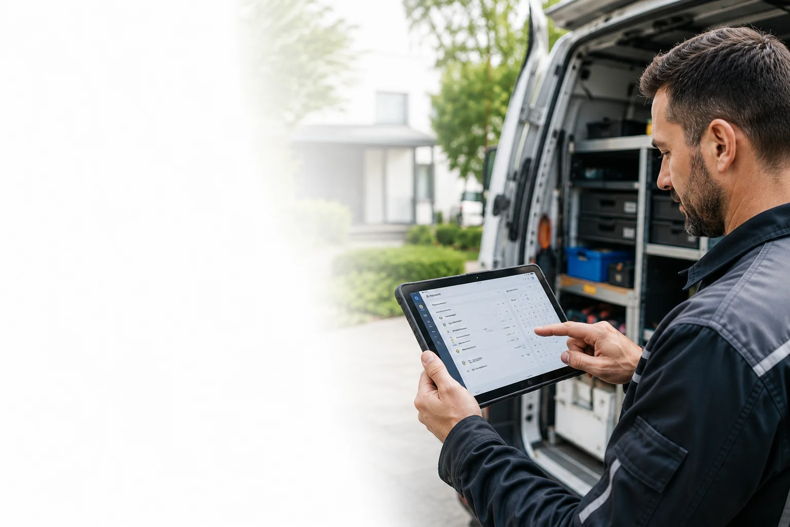 Servicetechniker nutzt Individualsoftware auf dem Tablet vor seinem Einsatzfahrzeug