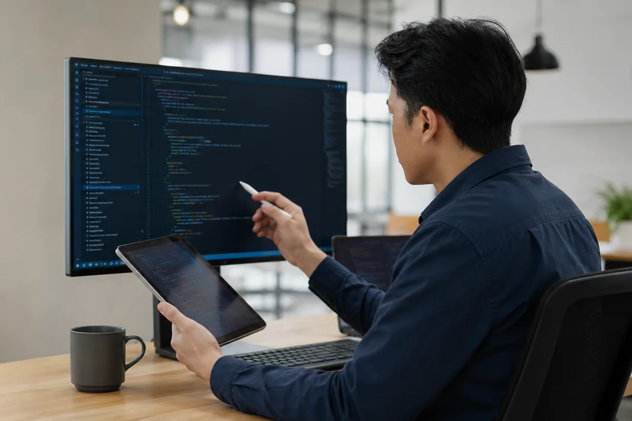Mitarbeiter analysiert Arbeitsabläufe auf Tablet und Monitor im Büro