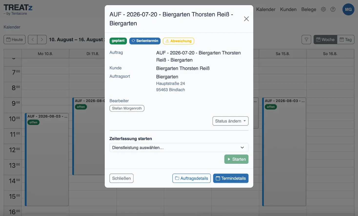TREATz - Wochenkalender mit Termindetails und Zeiterfassung